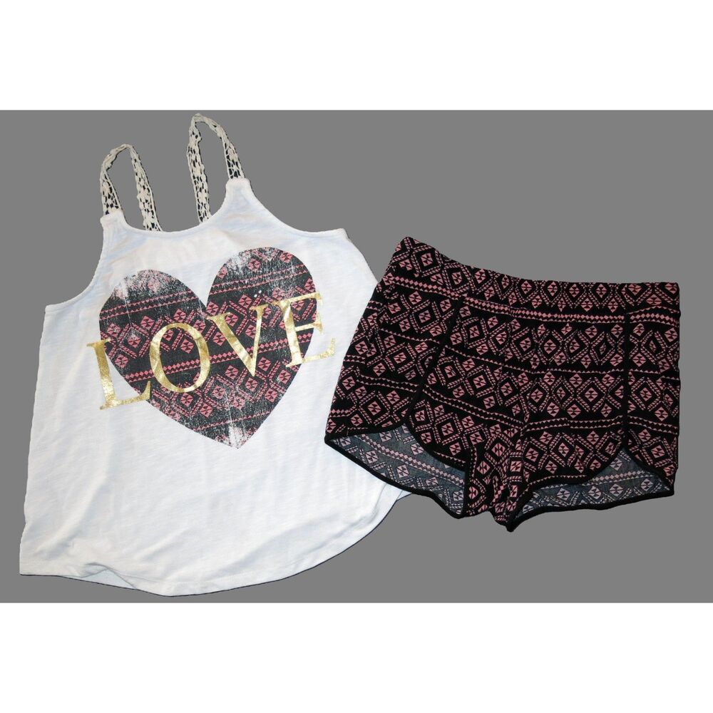 Xhilaration girls XL tank top shirt ivory LOVE black pink pull on shortsL 12 14